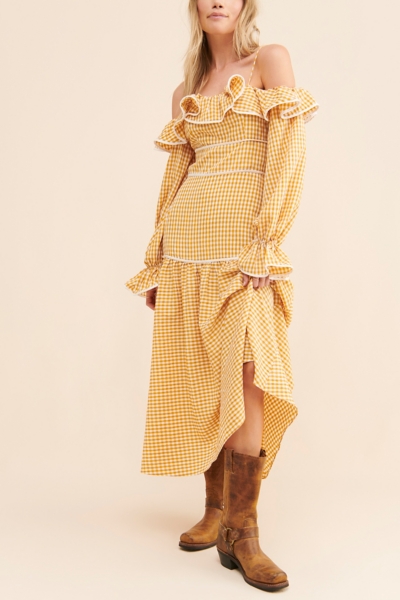 chinese dress ladies Rich Fashion Smocked Gingham Maxi Dress