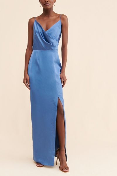 sachin and babi light blue dress hirigin Women Party Slip Dress, Solid Color Cowl Neck Spaghetti Strap Open  Back One Piece with Thigh-High Slit for Ladies, S/M/L main image 1