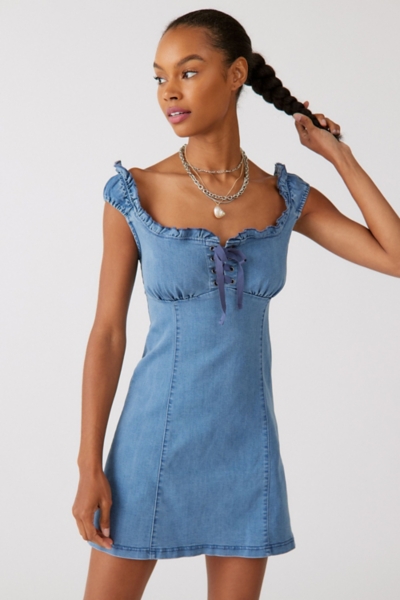 denim ruffle dress Mable RUFFLED DETAIL DENIM MINI DRESS – Stella Rae's main image 1
