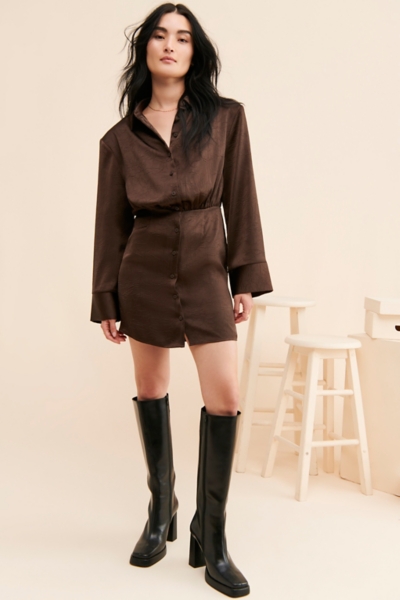 dark brown shirt dress Brown Collared Button Down Short Sleeve Shirt Dress – SSYS main image 1