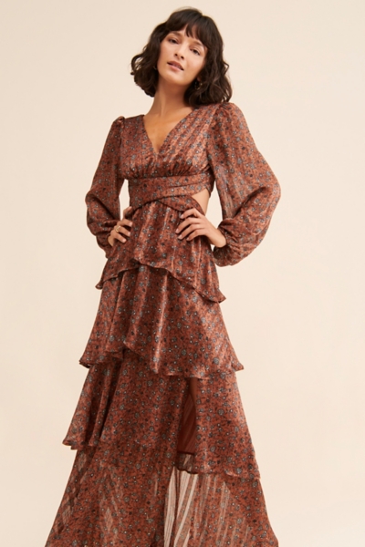 anora maxi dress in copper & black ditsy ASTR the Label Anora Maxi Dress in Copper & Black Ditsy
