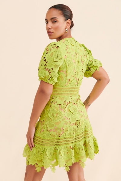 slim fit dress slacks Kate Puff Sleeve Lace Dress-Dark Green main image 1