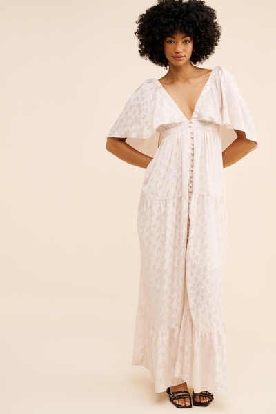 knee length dresses for ladies Ruched Printed Notched Long Sleeve Maxi Dress – Charming Charlie main image 1