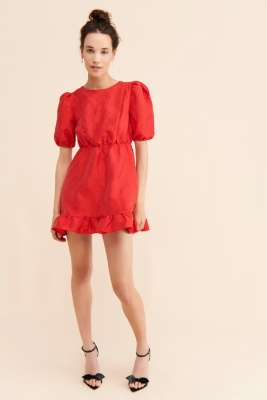 Sister Jane puff sleeve mini jacquard dress in emerald green