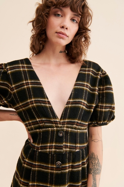 v neck check mini dress Warehouse Women's Check V Neck Belted Pinafore Mini Dress in Brown