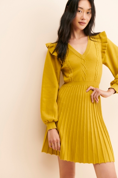 knee length dresses for ladies Cable Knit Pleated Sweater Dress – English Factory main image 0