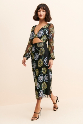 Sequin Queen - Black Floral Sequin Bandeau Midi Dress – DLSB