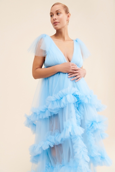 blue tiered tulle dress Tiered Tulle Sweetheart Bow Tie Straps Blue Sequin Prom Dress with Appliques
