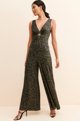 Plus Floral Print Key Hole Wide Leg Jumpsuit