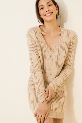 Smocked-Waist Ribbed Sweater Dress