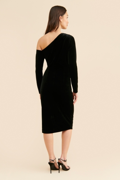 what shoes to wear with black dress pants Black Velvet One-Shoulder Dress Rental | Chic Evening Gown