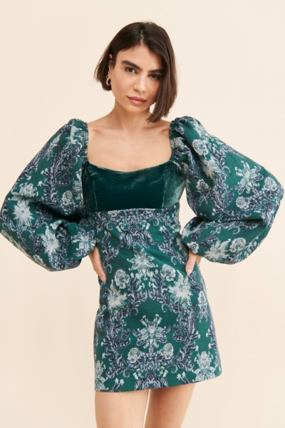 green emerald velvet dress ASHLEYlauren 11345 Draped V-Neck Gown with Bishop Sleeves
