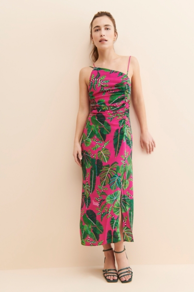 knee length dresses for ladies Green Anthurium Leaves Cut-Out Euroflax™ Premium Linen Midi Dress