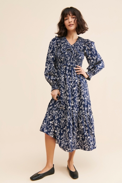 knee length dresses for ladies Moon River Shirred V Neck Puff Sleeve Midi Dress main image 0