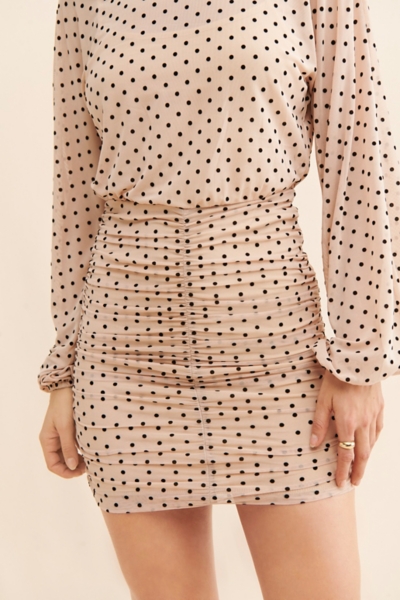 polka dot ruched mini dress Polka Dot Ruched Mini Dress