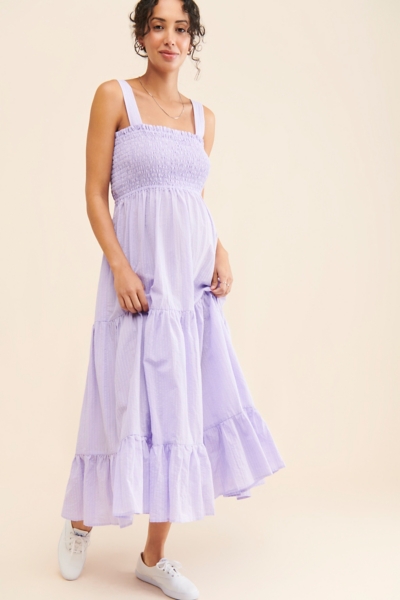 knee length dresses for ladies Maxi Maternity Dress in Sky Blue Seersucker Cotton