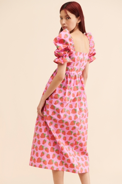 knee length dresses for ladies Women's Strawberry Asymmetric Midi Dress with Ruffles | Color: Rose main image 1