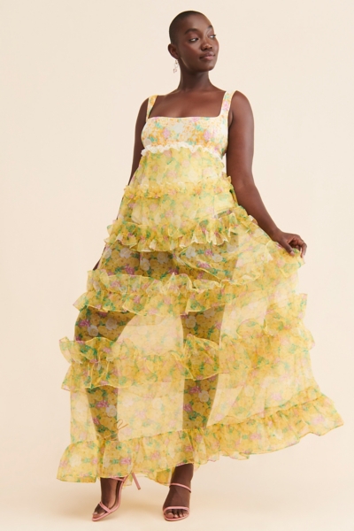 yellow sheer maxi dress Coral Cascade Sheer Draped Yellow Maxi Dress