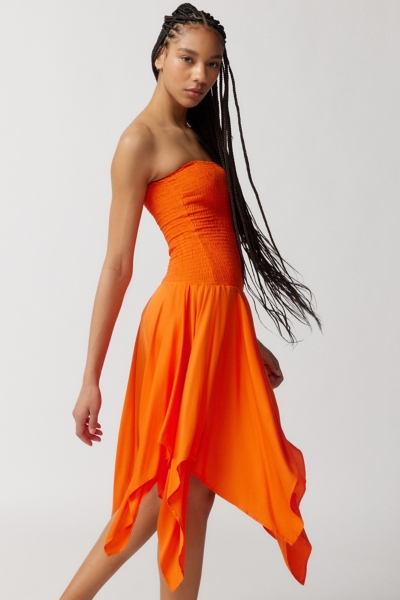 open lace back dress Flying Birds Orange Strapless Midi Dress