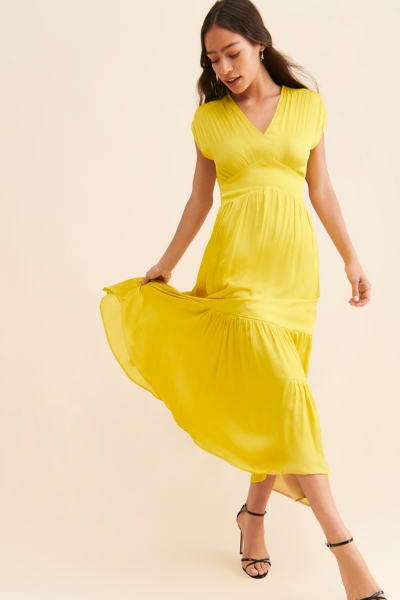 tiered satin dress Emerald Sundae Strapless Tiered Satin Dress at Dry Goods
