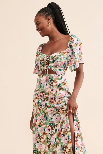 knee length dresses for ladies Flutter Sleeve Floral Asymmetric Maxi Dress main image 1