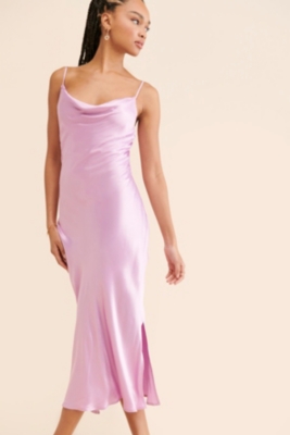 【SCULPTOR】Unbalance Cowl Satin Dress Coral Satin-Maxi-High-Split-Dress-