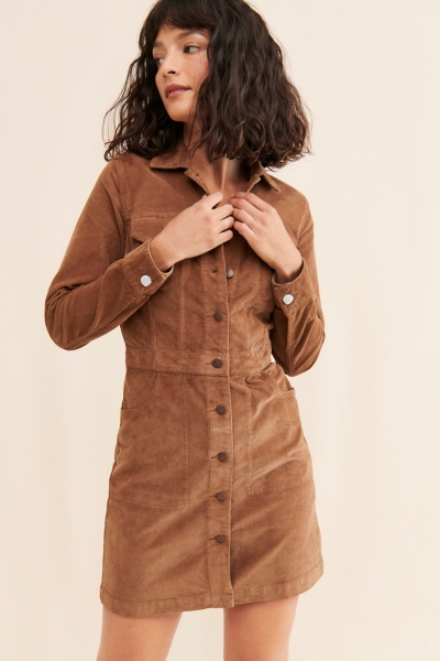 blue dress for baby girl Magdalene Corduroy Button Down Mini Dress | Chocolate | Womens