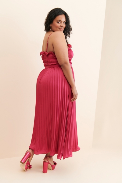 strapless open back dress Fianna Pleated Midi Dress - Noir Black Satin A-Line Dress