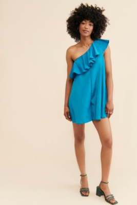 ♡ RANCLIC one shoulder rompers♡ White Ruffled Skort Romper - One-Shoulder Romper - Skort