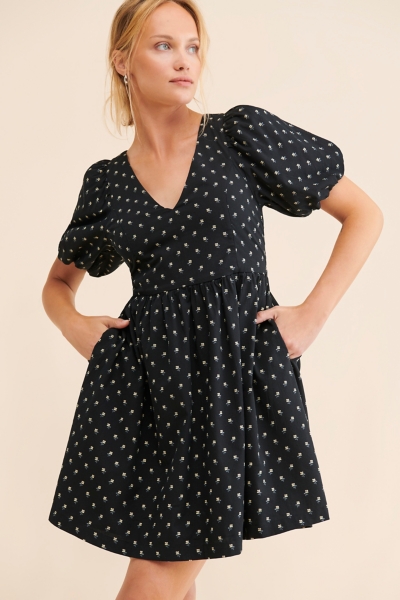 V-Neck Puff-Sleeve Mini Dress in Floral Ikat | Nuuly