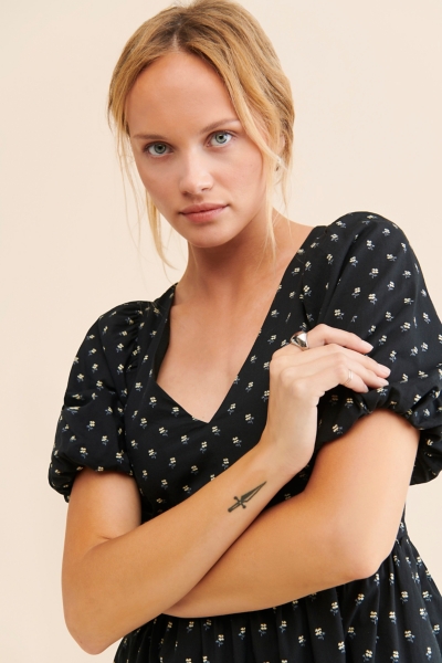 V-Neck Puff-Sleeve Mini Dress in Floral Ikat | Nuuly