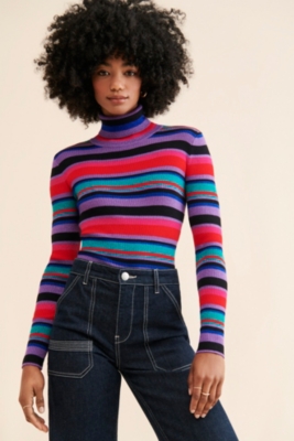 Wool Blend Mix Block Turtleneck Sweater