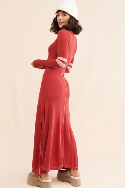 knee length dresses for ladies The Luxe Rib Long Sleeve Henley Maxi - Black - XXS main image 1