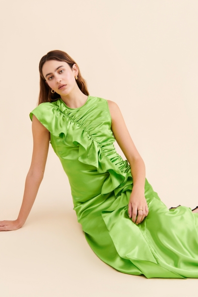 green emerald velvet dress Round Neck Sleeveless Satin Ruched Fit & Flare Mini Dress L / Green main image 0