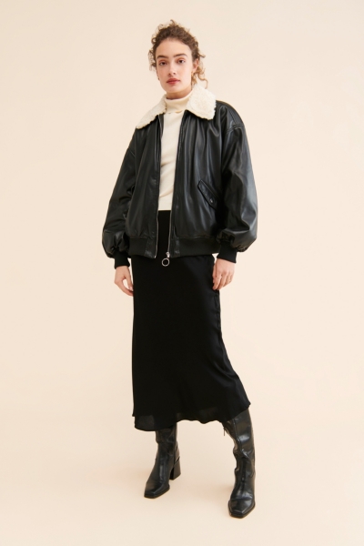 Vegan Leather Sherpa Collar Bomber