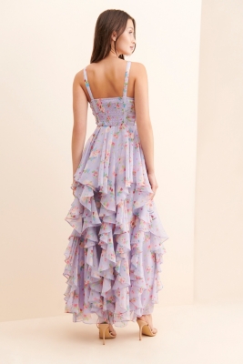 Floral Chiffon Sequined Ruffled Dress