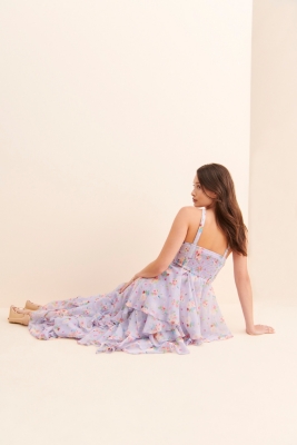 Floral Chiffon Sequined Ruffled Dress