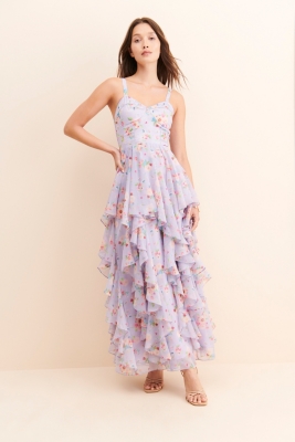 Floral Chiffon Sequined Ruffled Dress