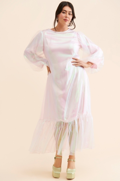 open lace back dress 1960s Pink Organza Maxi Gown