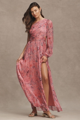 Iris One-Shoulder Cut-Out Printed Chiffon Gown