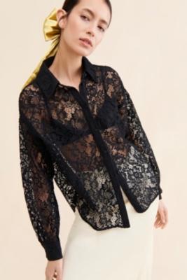 rina　【YILON】Lace gather tops Rhinestone mesh top - Genny