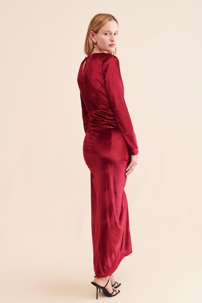strapless open back dress Velvet Sweetheart Neckline Split Ruched Knotted Maxi Dress In Cherry R main image 1
