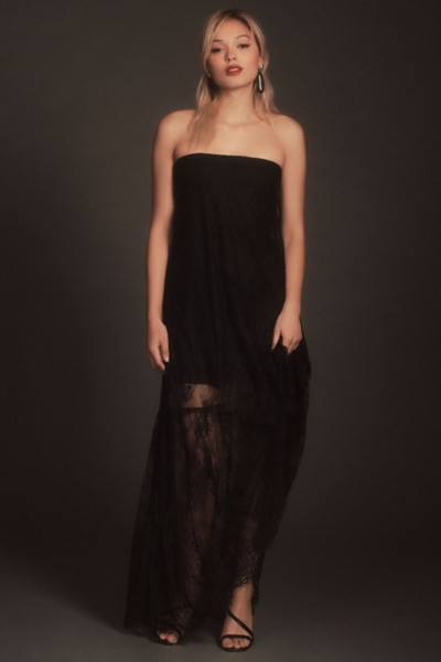 green emerald velvet dress Black Strapless Maxi Dress With Slit And Button main image 1