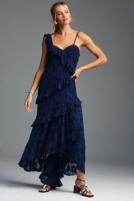 Claudia Asymmetric Ruffle Chiffon Midi Dress | Nuuly