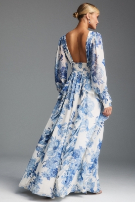 【BAON】Pots Chiffon Layered Long One Piece P216002 Charlotte Chiffon Long Bridesmaid Dress with V-Neckline