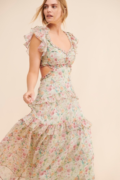 knee length dresses for ladies Mable Shoulder Tie Floral Print Midi Dress in Pink M main image 1