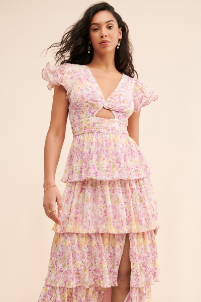 knee length dresses for ladies Evie Peach Blush Floral Tiered Midi Dress