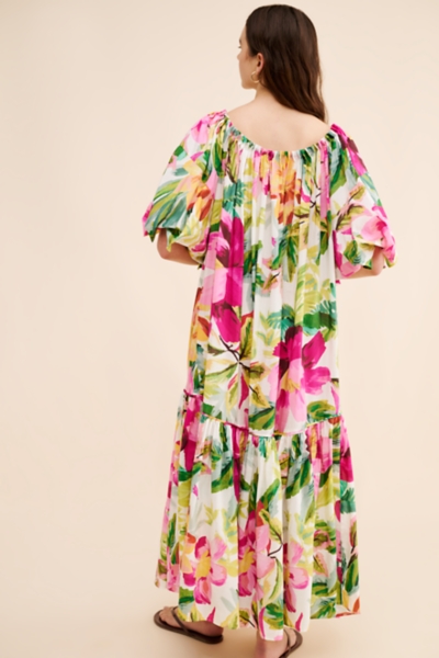 farm rio long-sleeve off-the-shoulder ruffled maxi dress FARM Rio Off-The-Shoulder Long-Sleeve Tiered Floral Midi Dress