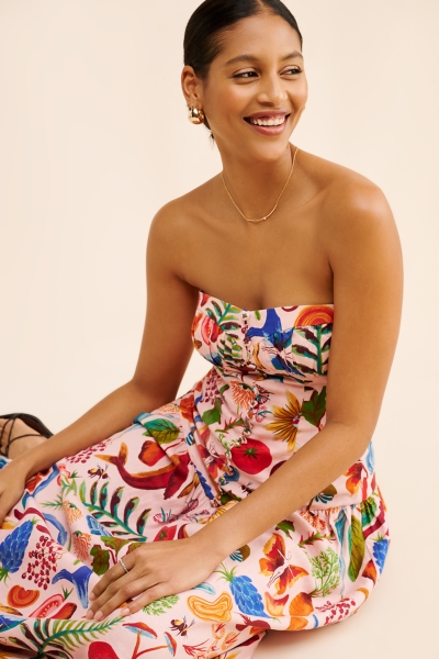 chinese dress ladies Women's All of The Time Pink Coral Patchwork Print Strapless Maxi Dress | Size: L