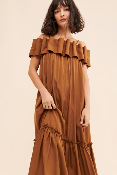 off shoulder structured dress Petite Kourtney Scuba Crepe Off The Shoulder Ruffle Midi Dress